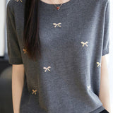 Casual Butterfly Round Neck Short Sleeve Knit Top - liwisi