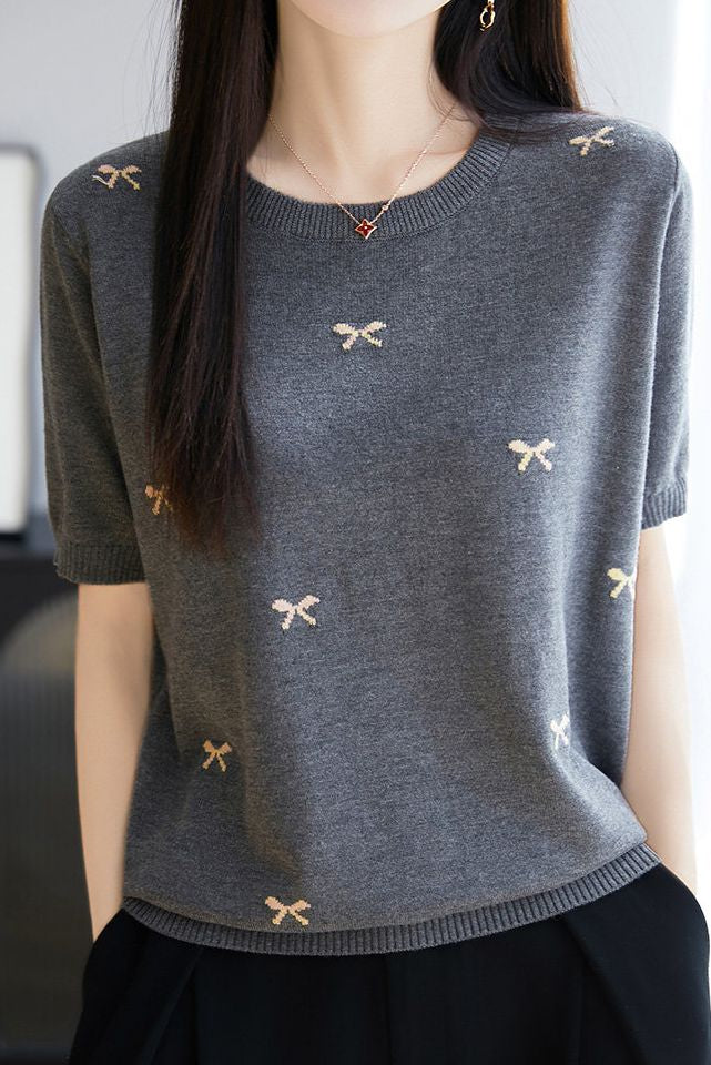Casual Butterfly Round Neck Short Sleeve Knit Top - liwisi