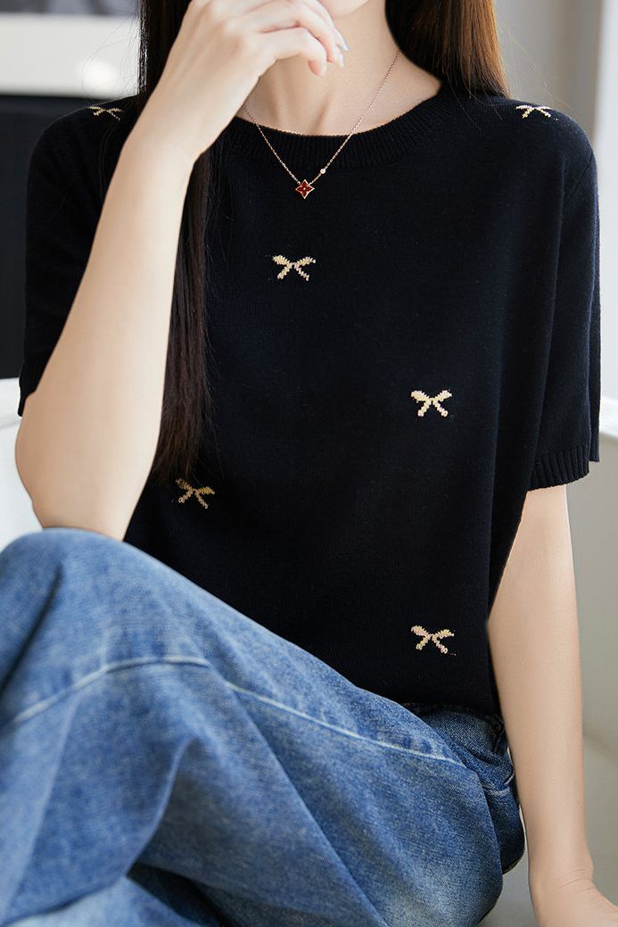 Casual Butterfly Round Neck Short Sleeve Knit Top - liwisi