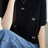 Casual Butterfly Round Neck Short Sleeve Knit Top - liwisi