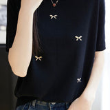 Casual Butterfly Round Neck Short Sleeve Knit Top - liwisi