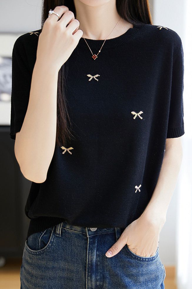 Casual Butterfly Round Neck Short Sleeve Knit Top - liwisi