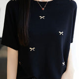 Casual Butterfly Round Neck Short Sleeve Knit Top - liwisi