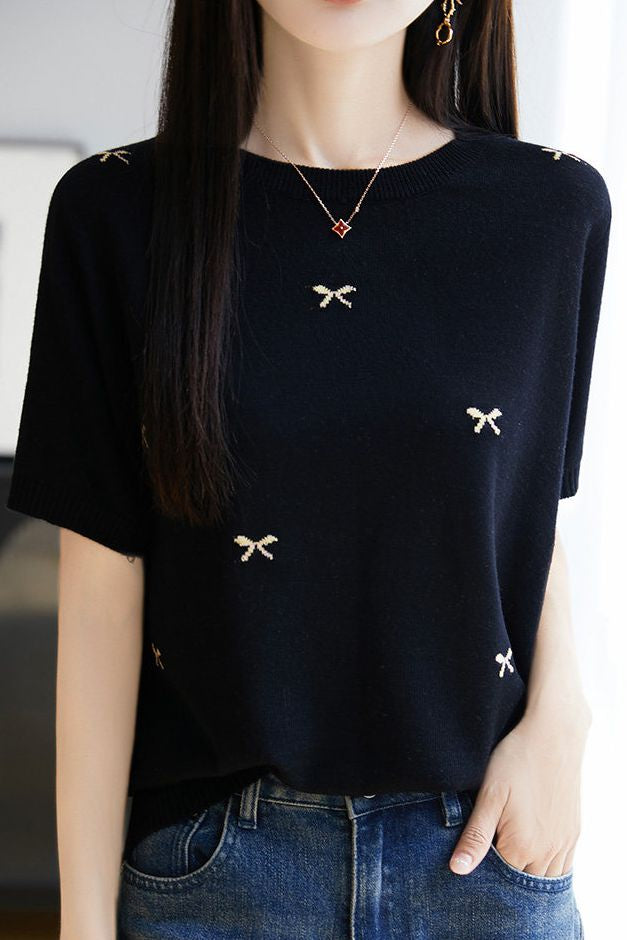 Casual Butterfly Round Neck Short Sleeve Knit Top - liwisi