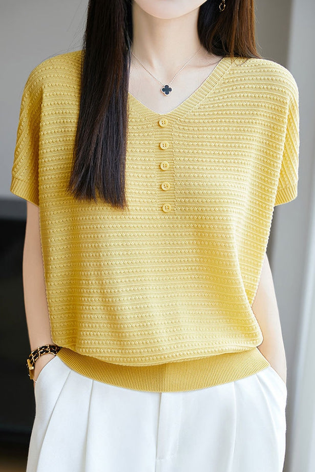 Casual Three-Dimensional Dot V-Neck Knit Top - liwisi