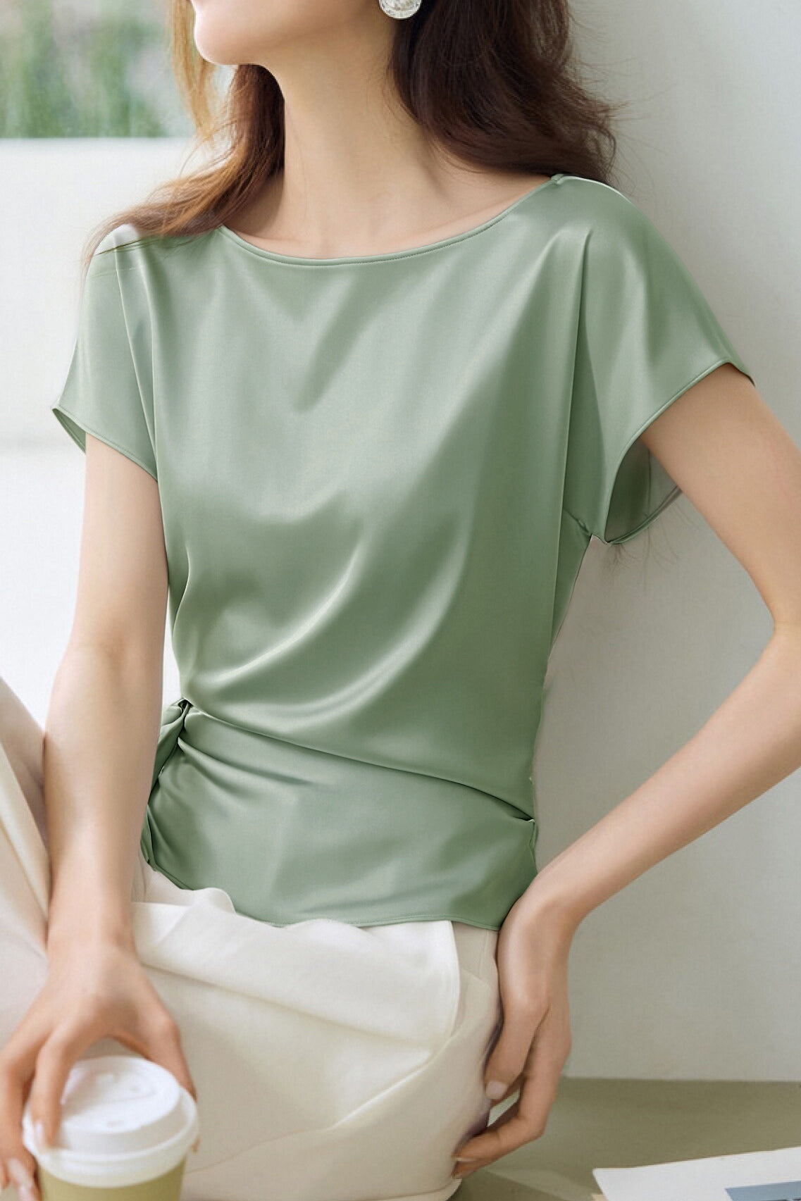 Commute Satin Tie Boat Neck Shirt - liwisi