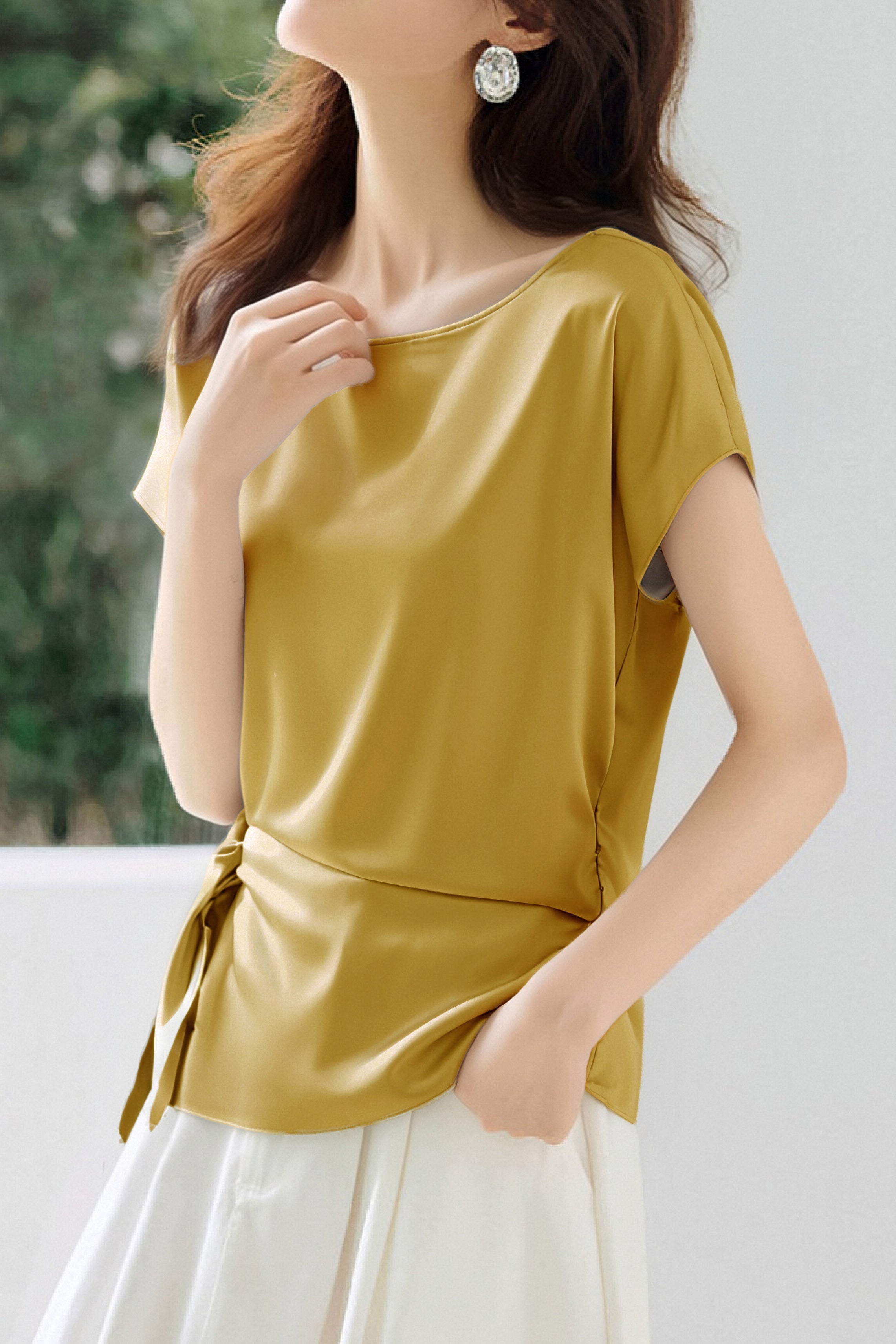 Commute Satin Tie Boat Neck Shirt - liwisi