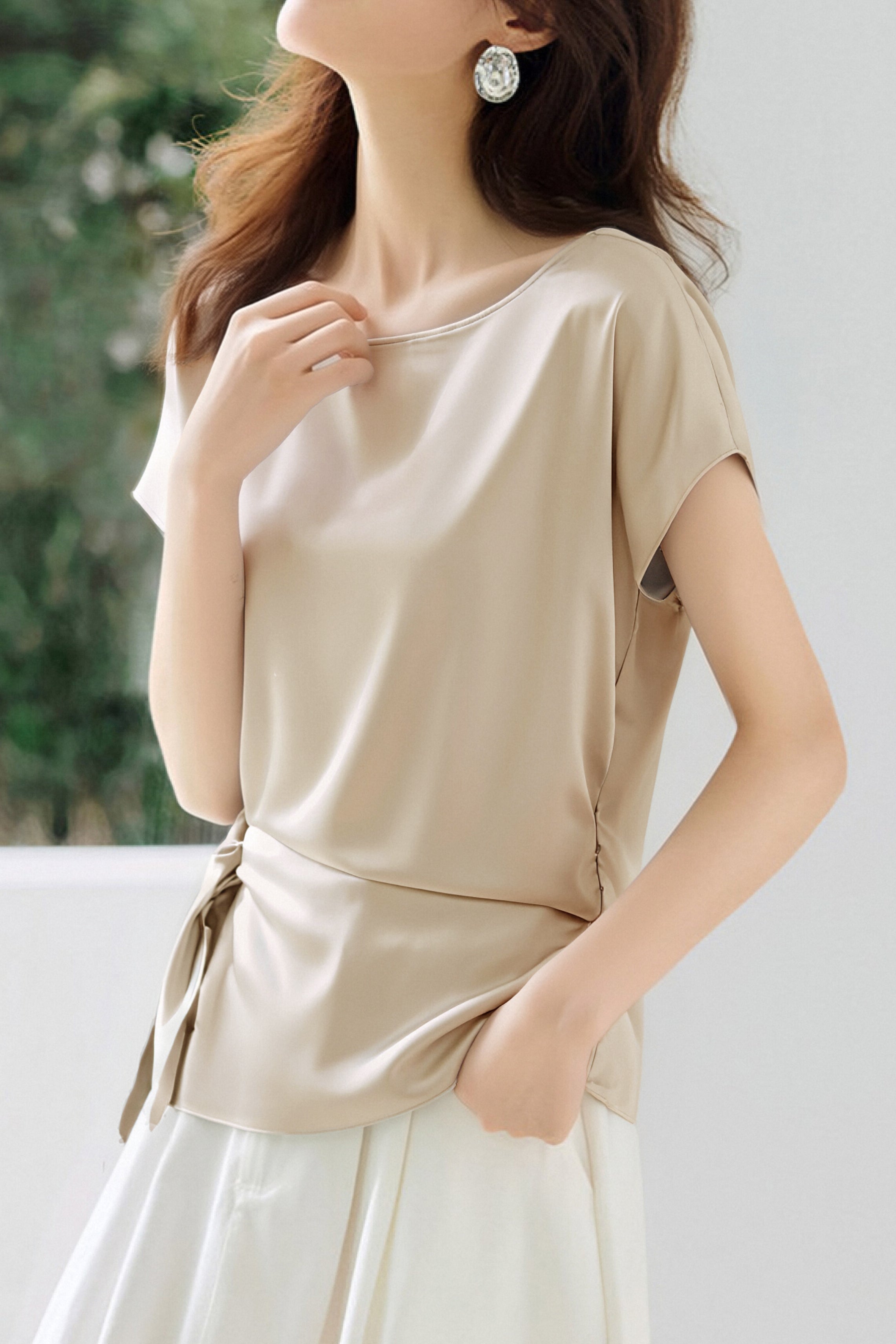 Commute Satin Tie Boat Neck Shirt - liwisi