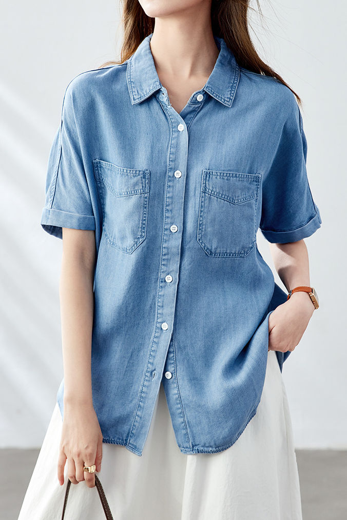 Casual Retro Denim Blue Short Sleeve Shirt - liwisi