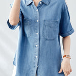 Casual Retro Denim Blue Short Sleeve Shirt - liwisi