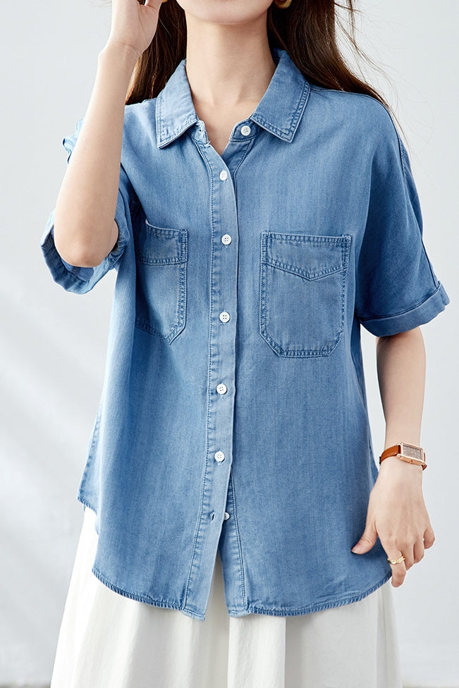 Casual Retro Denim Blue Short Sleeve Shirt - liwisi