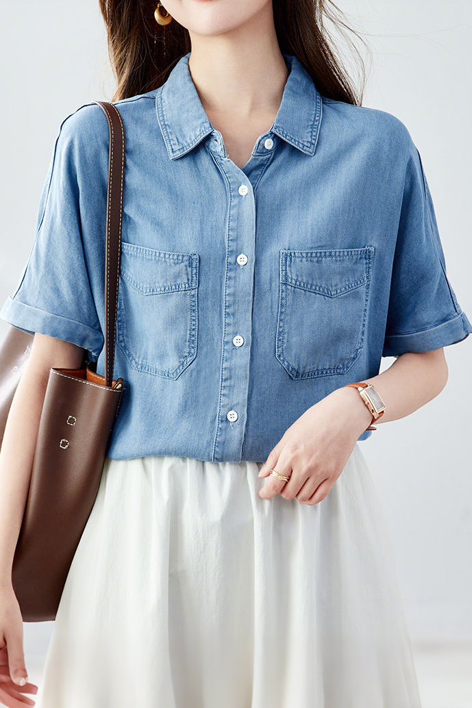 Casual Retro Denim Blue Short Sleeve Shirt - liwisi