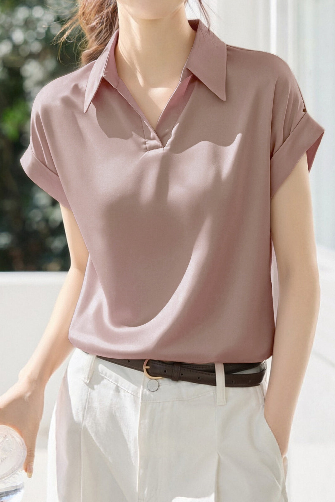 Commute Satin Lapel Short Sleeve Shirt - liwisi