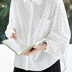Polka Dot Lapel Ruched Lantern Sleeve Shirt - liwisi
