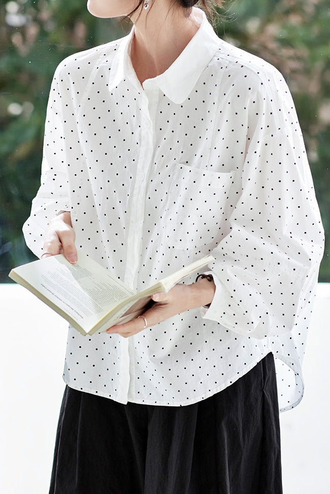 Polka Dot Lapel Ruched Lantern Sleeve Shirt - liwisi