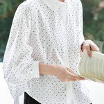 Polka Dot Lapel Ruched Lantern Sleeve Shirt - liwisi