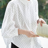 Polka Dot Lapel Ruched Lantern Sleeve Shirt - liwisi