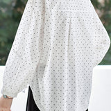 Polka Dot Lapel Ruched Lantern Sleeve Shirt - liwisi
