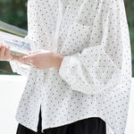 Polka Dot Lapel Ruched Lantern Sleeve Shirt - liwisi