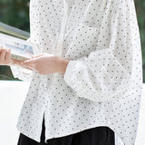 Polka Dot Lapel Ruched Lantern Sleeve Shirt - liwisi