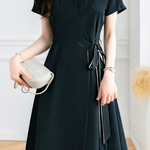 Casual V-Neck Open Front Tie Waist Dress - liwisi