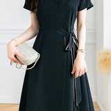 Casual V-Neck Open Front Tie Waist Dress - liwisi