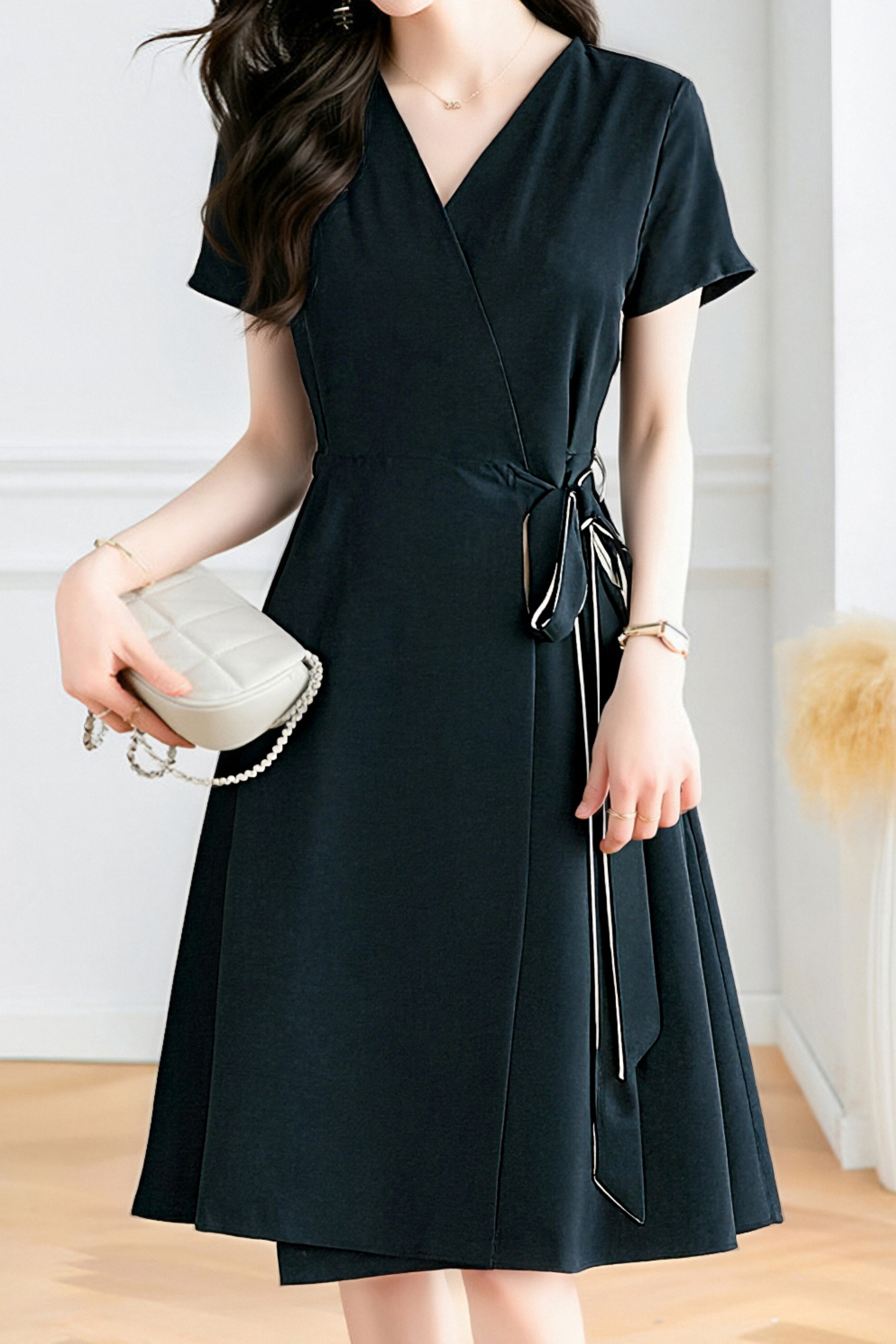 Casual V-Neck Open Front Tie Waist Dress - liwisi