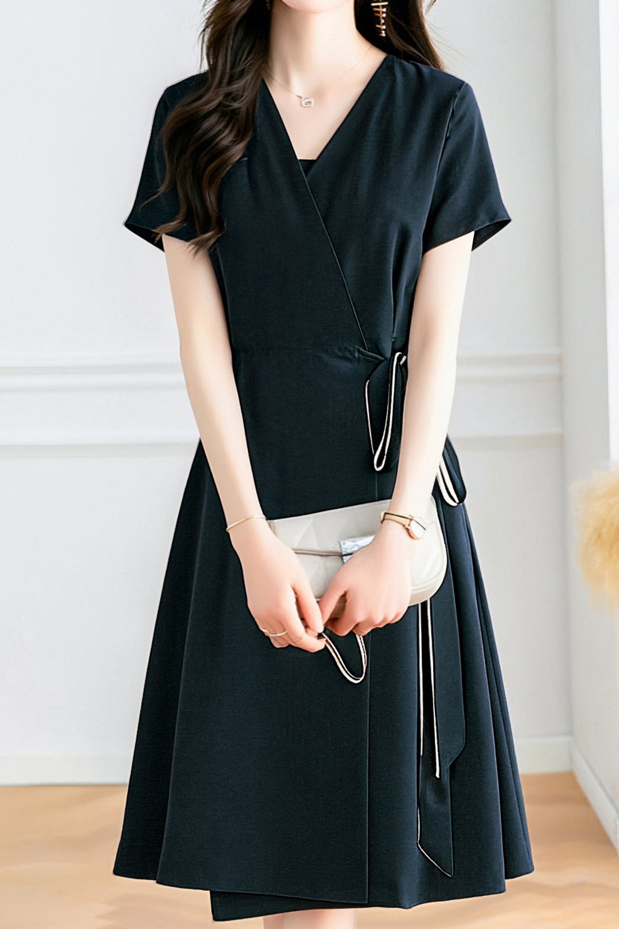 Casual V-Neck Open Front Tie Waist Dress - liwisi