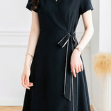 Casual V-Neck Open Front Tie Waist Dress - liwisi