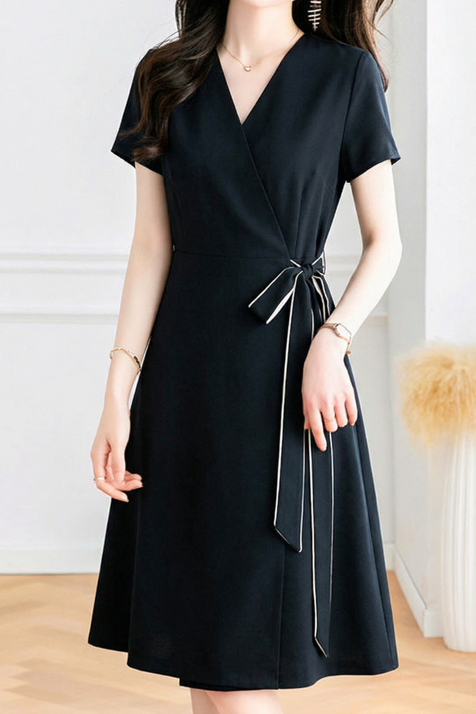 Casual V-Neck Open Front Tie Waist Dress - liwisi