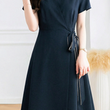 Casual V-Neck Open Front Tie Waist Dress - liwisi