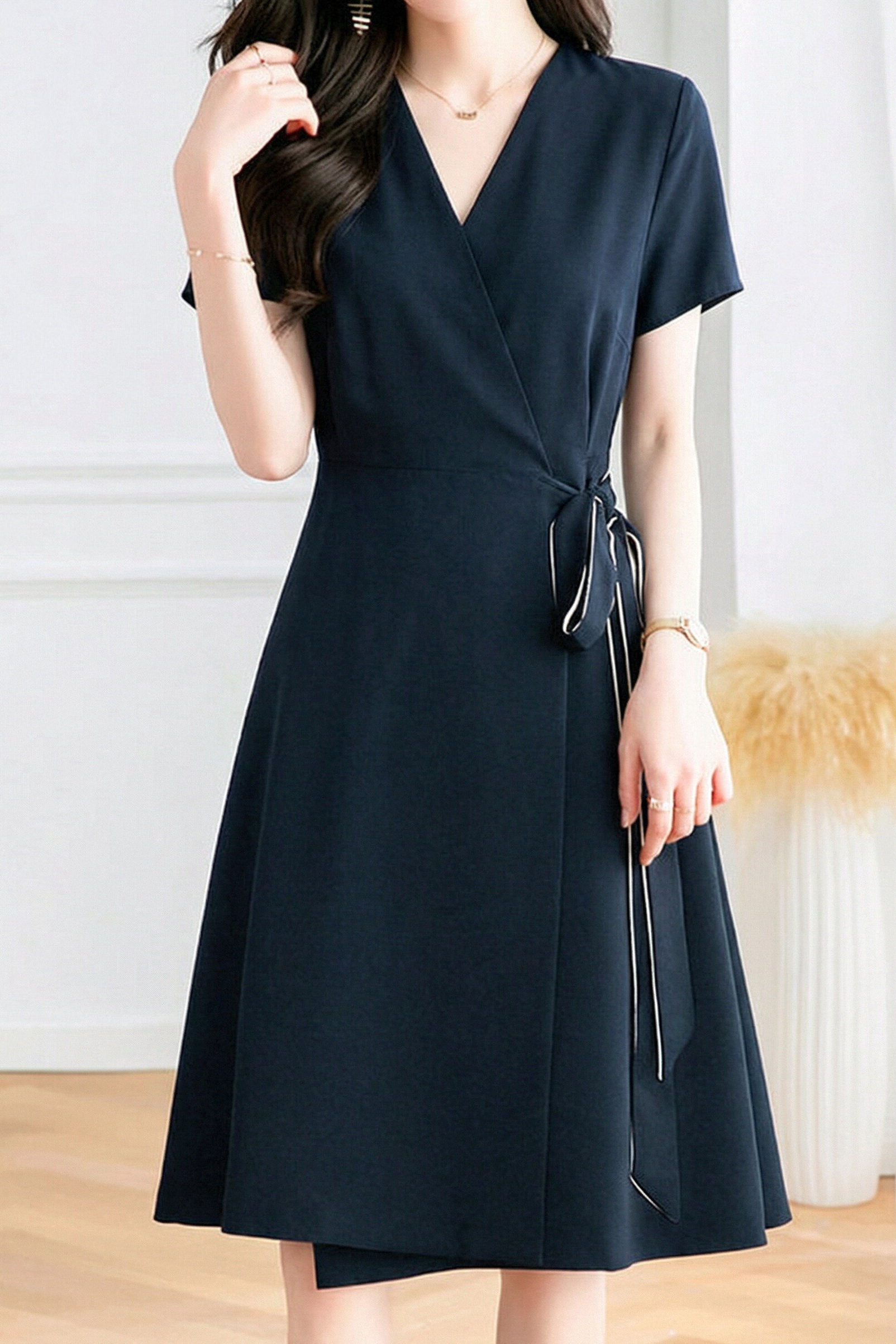 Casual V-Neck Open Front Tie Waist Dress - liwisi
