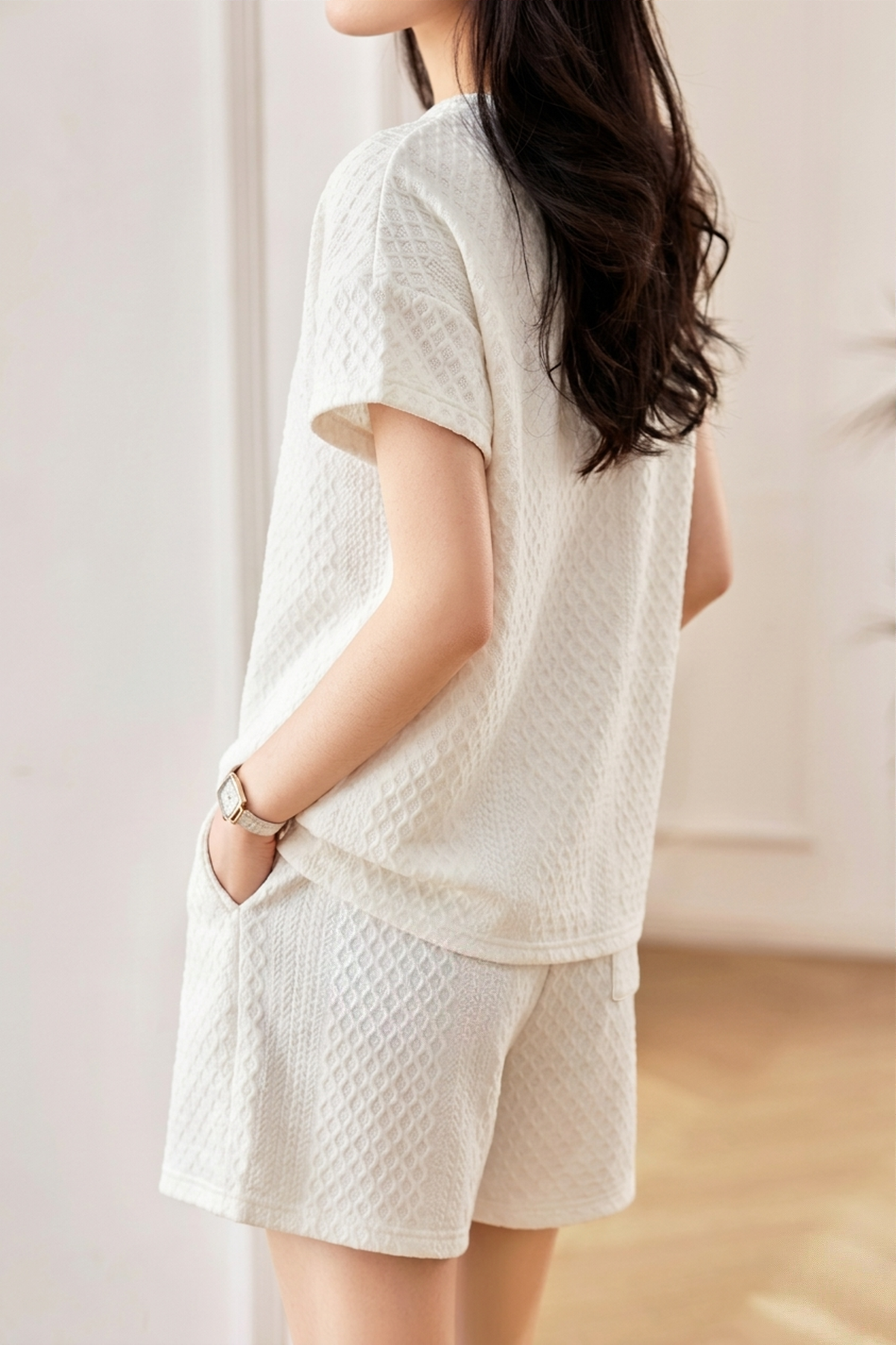 Casual Diamond Jacquard Short-Sleeve Shorts Two-Piece Set - liwisi