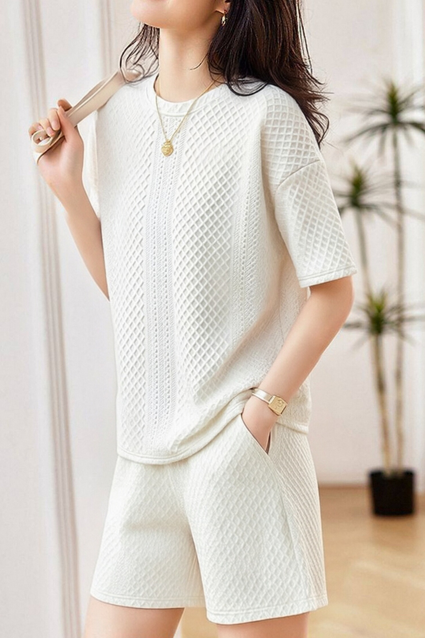 Casual Diamond Jacquard Short-Sleeve Shorts Two-Piece Set - liwisi