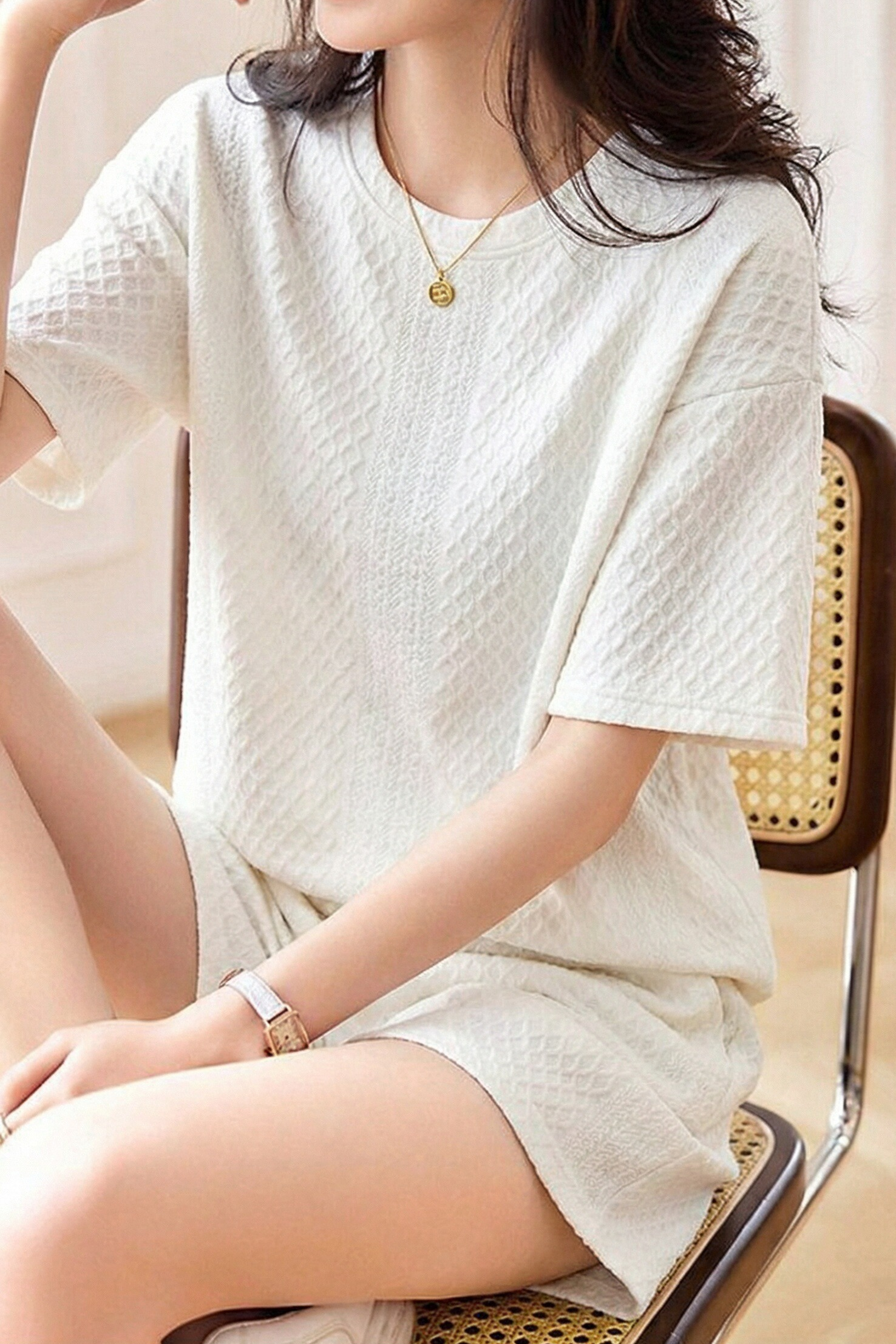 Casual Diamond Jacquard Short-Sleeve Shorts Two-Piece Set - liwisi