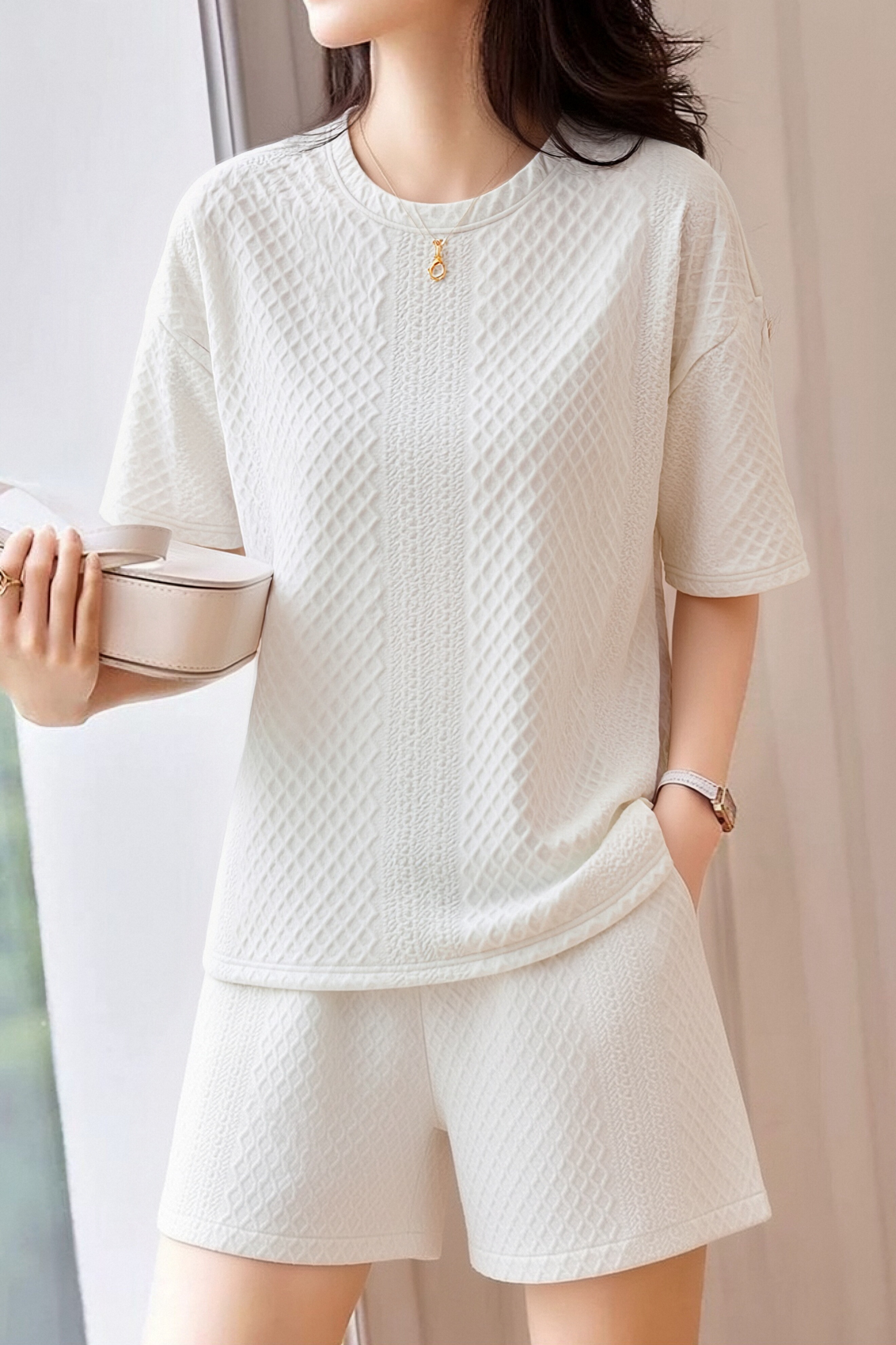 Casual Diamond Jacquard Short-Sleeve Shorts Two-Piece Set - liwisi