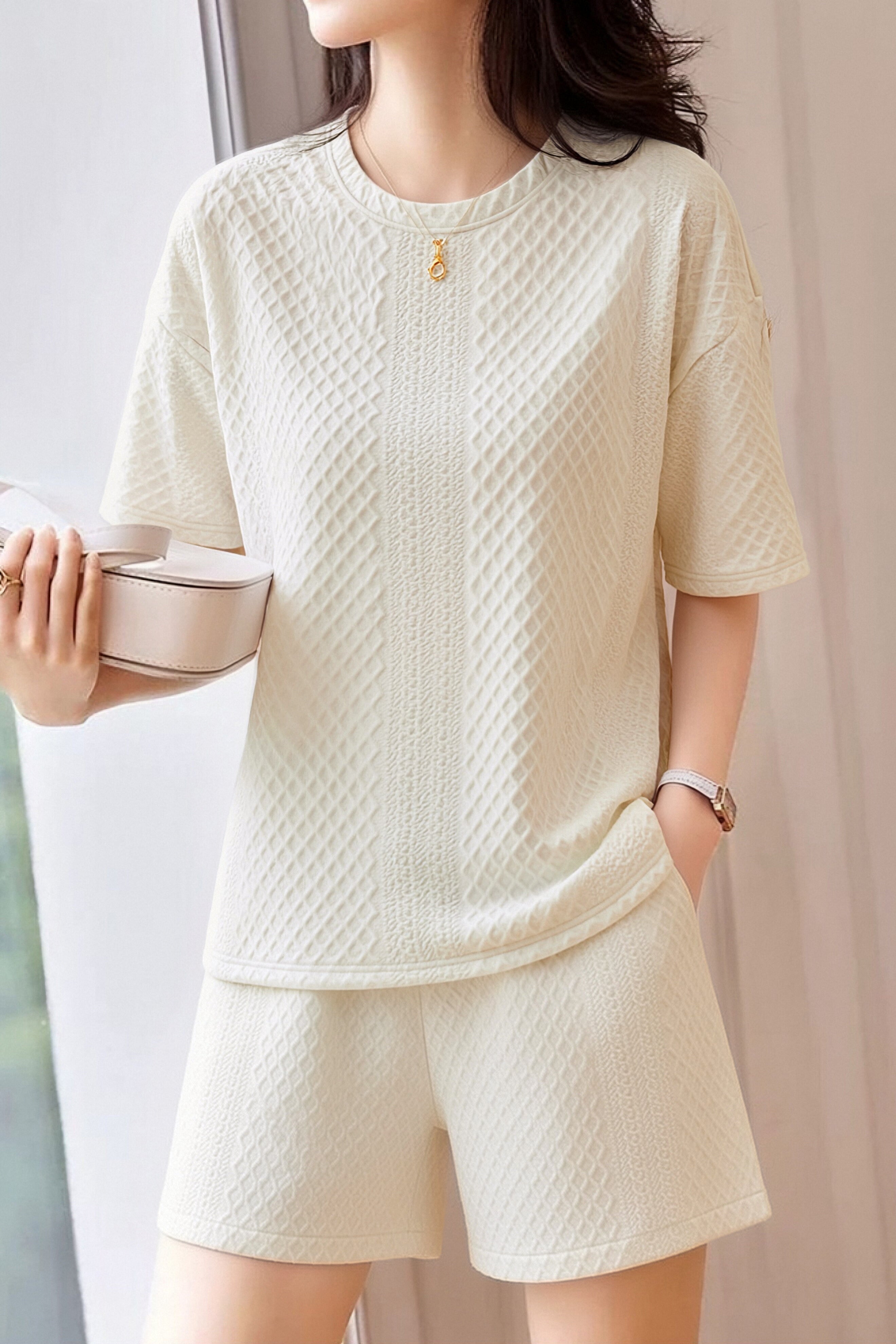 Casual Diamond Jacquard Short-Sleeve Shorts Two-Piece Set - liwisi
