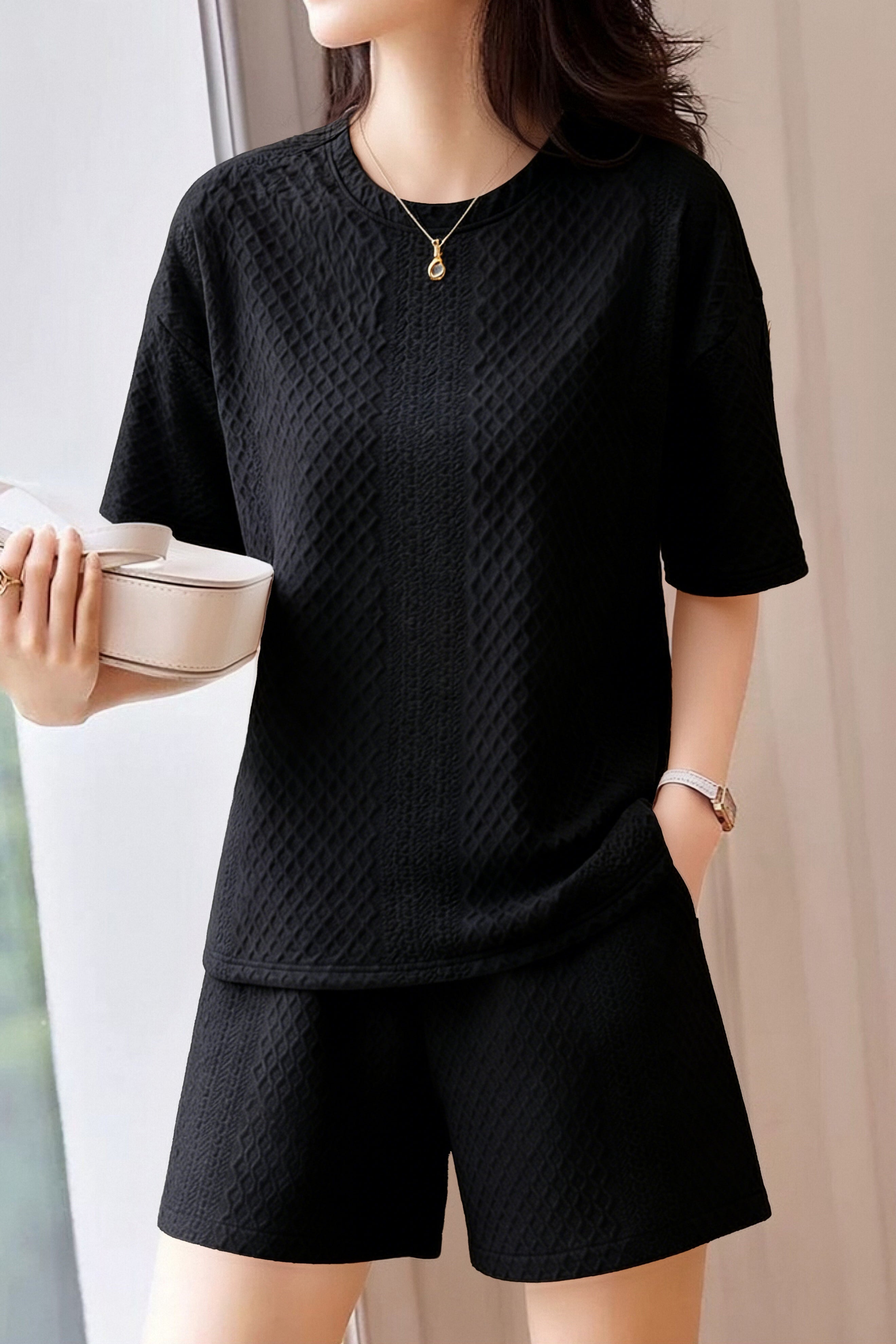 Casual Diamond Jacquard Short-Sleeve Shorts Two-Piece Set - liwisi