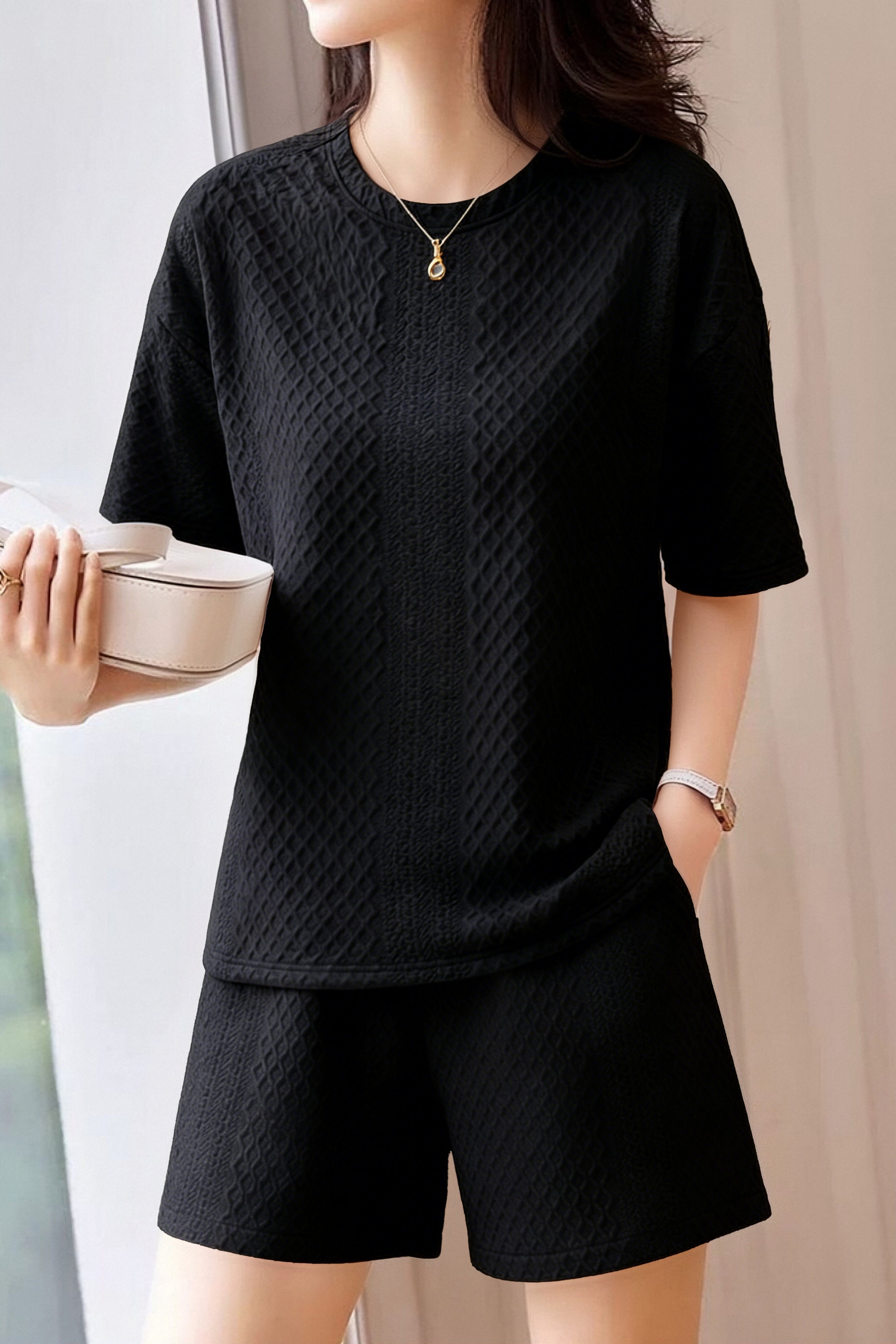 Casual Diamond Jacquard Short-Sleeve Shorts Two-Piece Set - liwisi