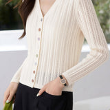 Vertical Striped Hollow-Out V-Neck Multi-Button Cardigan - liwisi