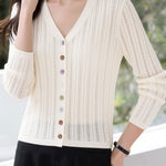 Vertical Striped Hollow-Out V-Neck Multi-Button Cardigan - liwisi