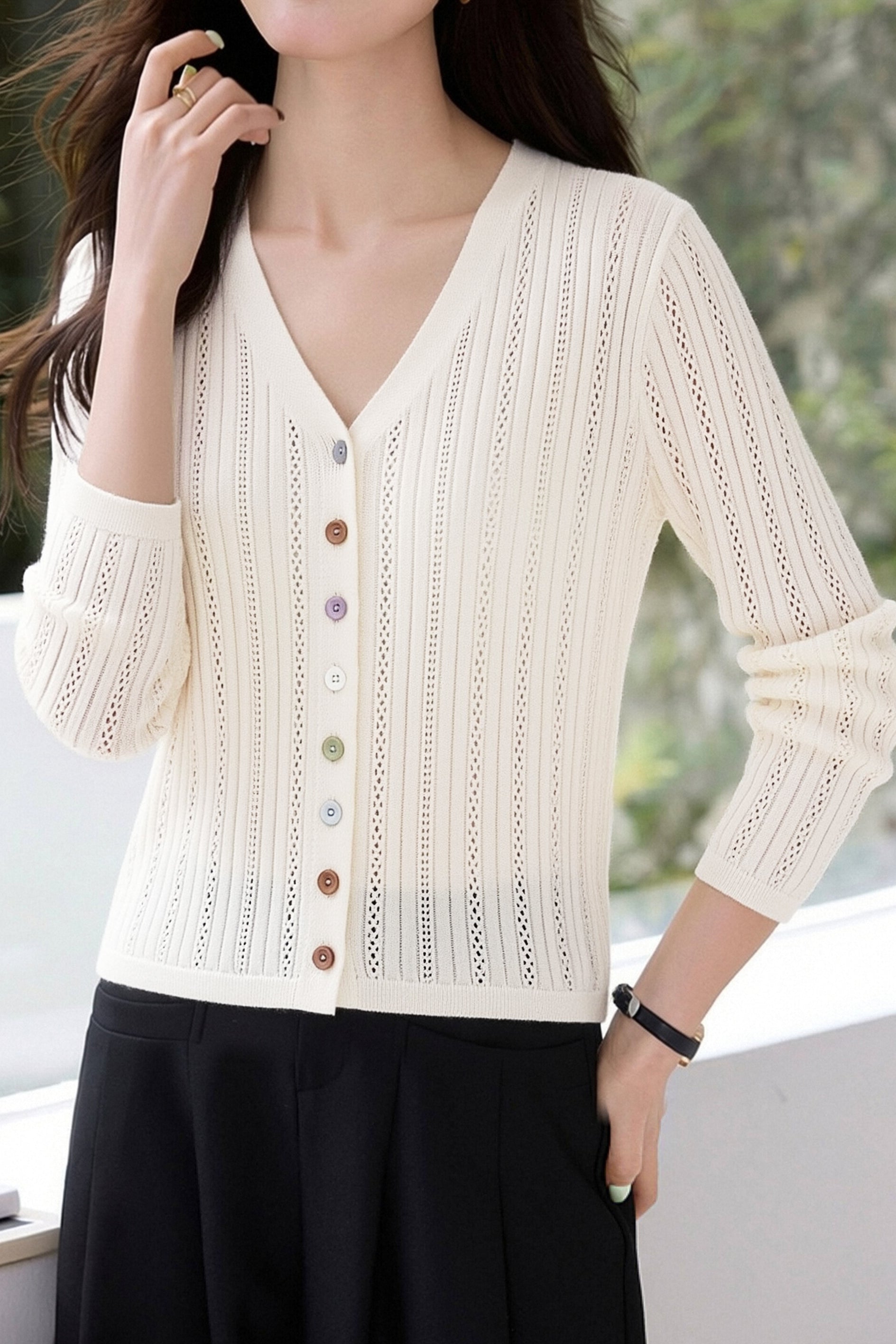 Vertical Striped Hollow-Out V-Neck Multi-Button Cardigan - liwisi