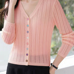 Vertical Striped Hollow-Out V-Neck Multi-Button Cardigan - liwisi