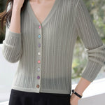 Vertical Striped Hollow-Out V-Neck Multi-Button Cardigan - liwisi