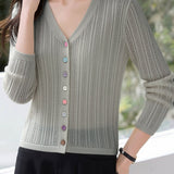 Vertical Striped Hollow-Out V-Neck Multi-Button Cardigan - liwisi