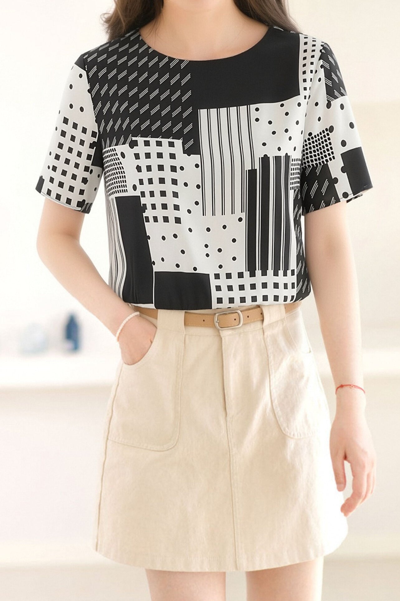 Casual Geometric Print Color-Block Shirt - liwisi