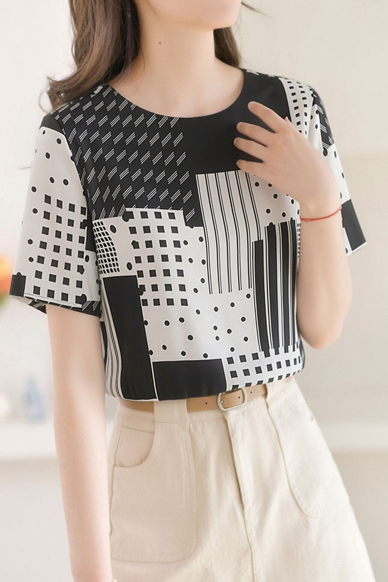 Casual Geometric Print Color-Block Shirt - liwisi