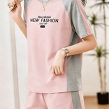 Casual Color-Block Raglan Short-Sleeve Shorts Two-Piece Set - liwisi