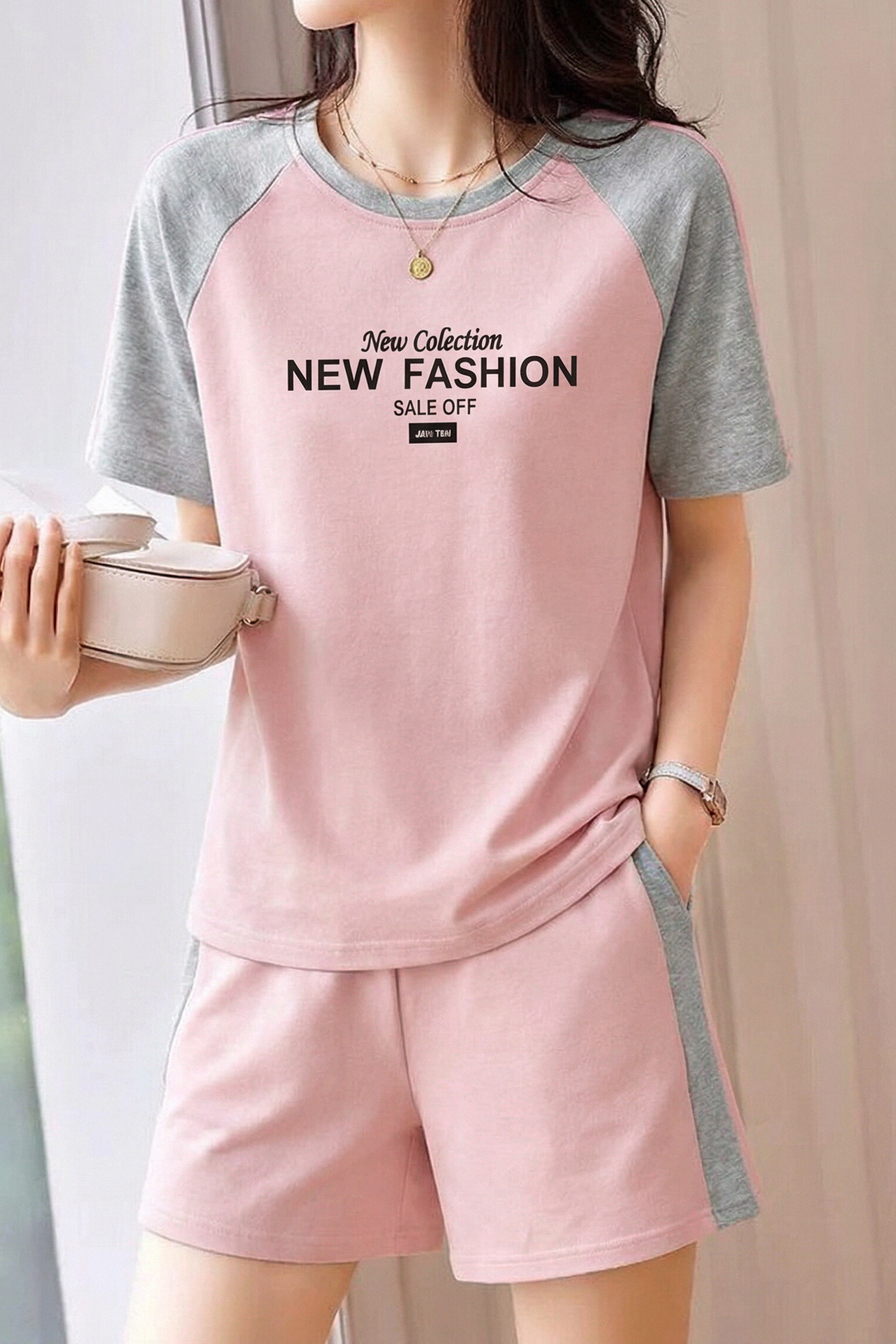 Casual Color-Block Raglan Short-Sleeve Shorts Two-Piece Set - liwisi