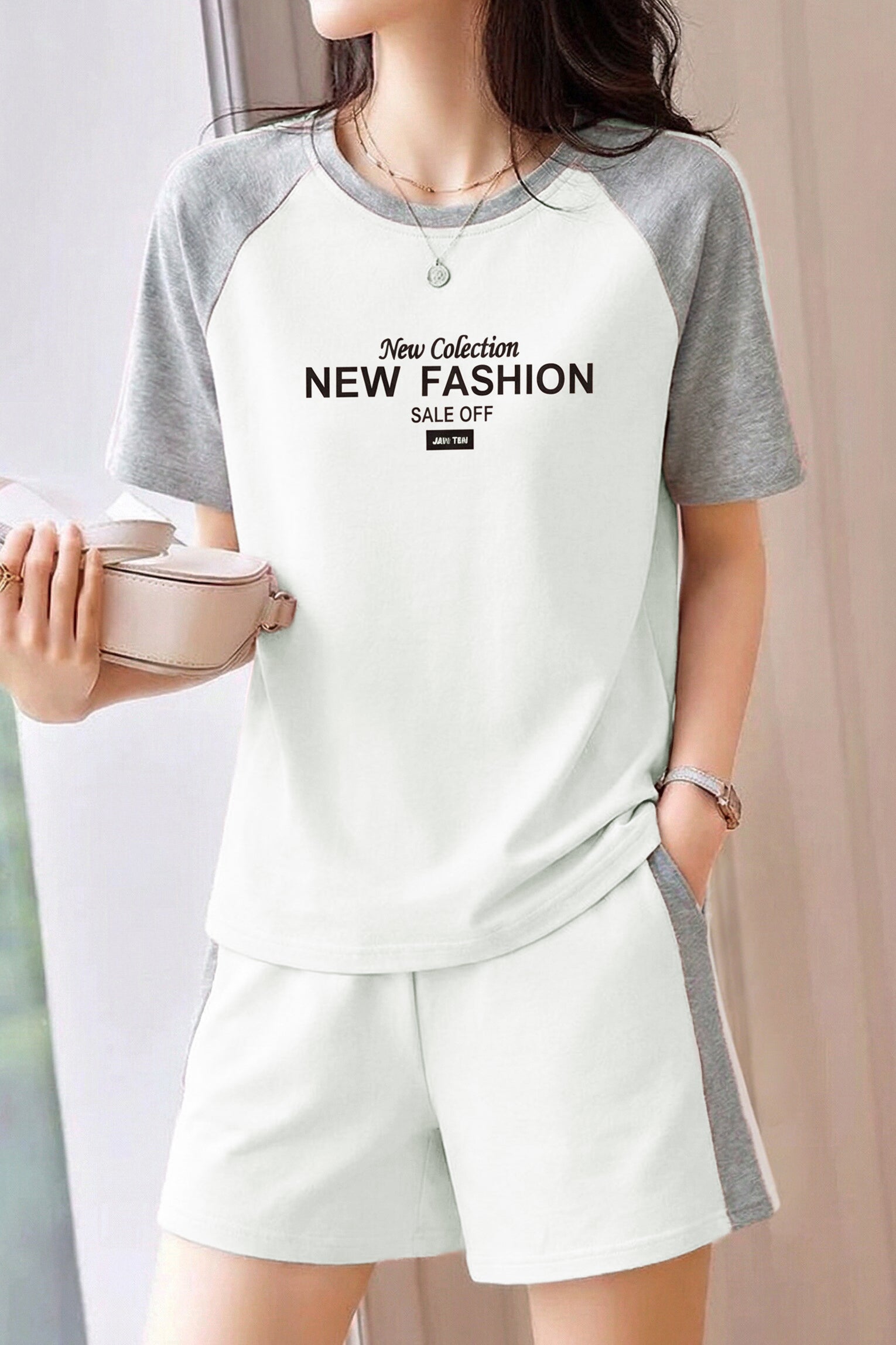 Casual Color-Block Raglan Short-Sleeve Shorts Two-Piece Set - liwisi